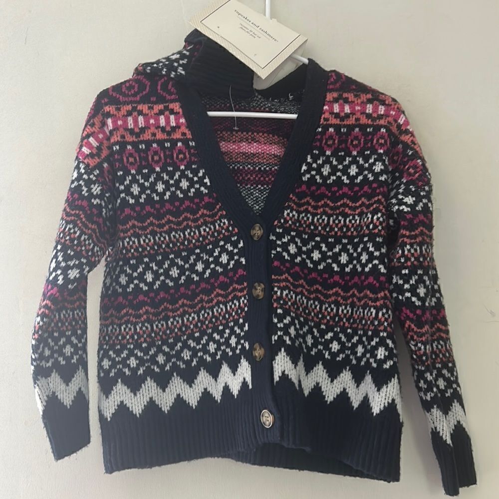 cupcakes and cashmere navy pink patterned cardigan with matching hat Size XS New